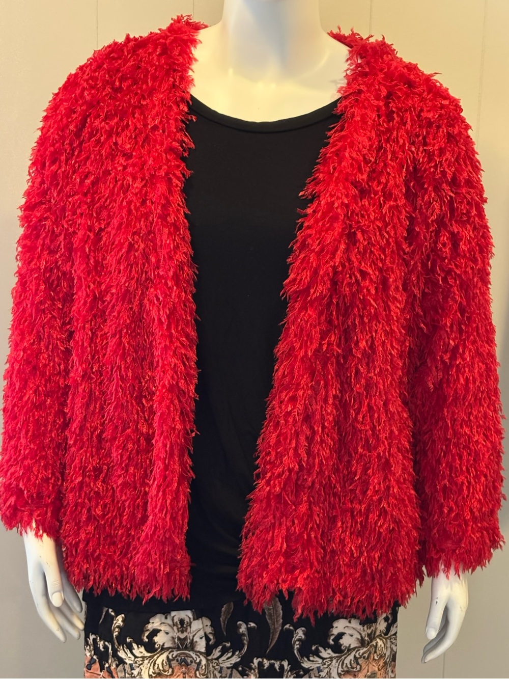 Red Faux-Fur feather Open Front Women's Jacket